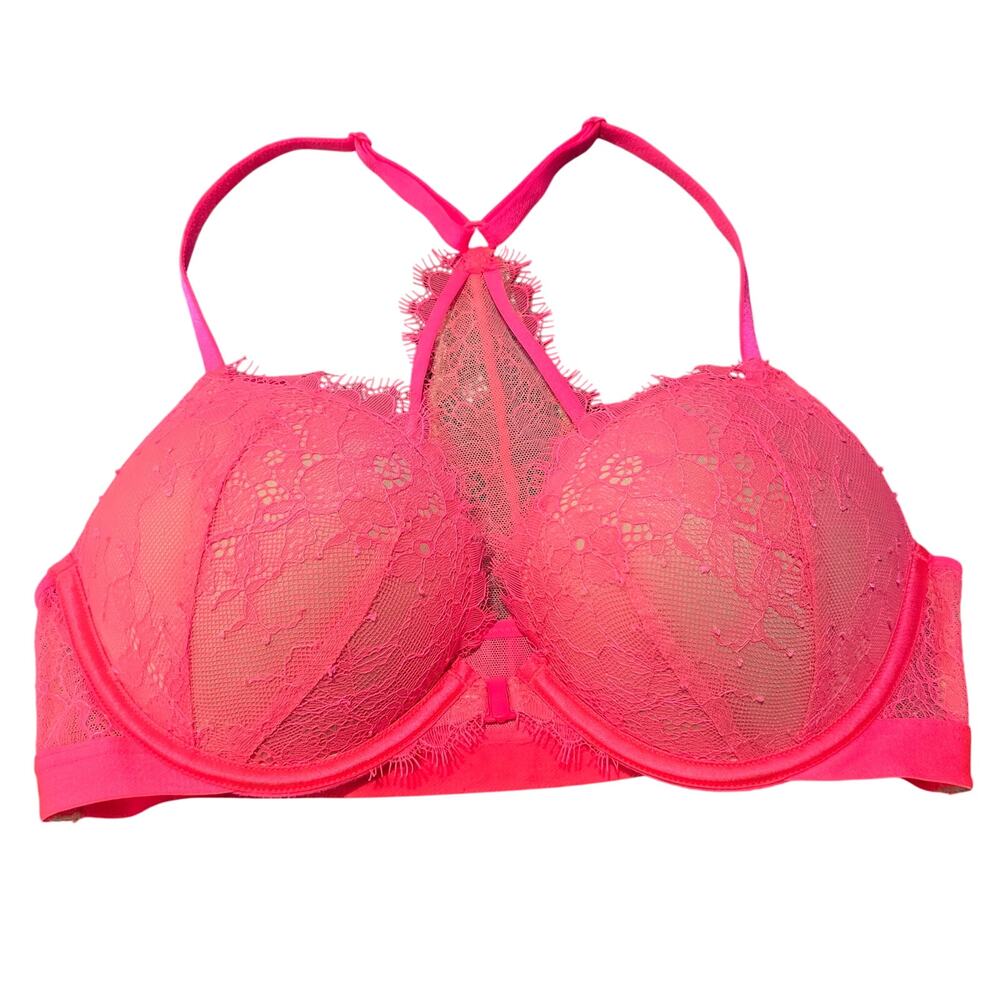 Victoria's Secret Neon Pink Lace Bombshell Front Strap Push-Up Bra Racerback